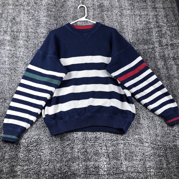 Vintage Eddie Bauer Sweater Mens XL Blue Striped Knit Crewneck Cotton Pullover - Picture 4 of 10